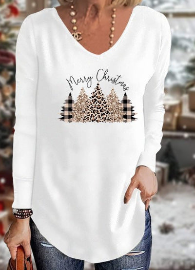 Loose 3D V-neck long-sleeved T-shirt women's Christmas printed bottoming shirt m302098