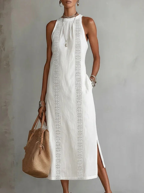 Women's clothing neck holiday solid color lace splicing sleeveless dress m302923