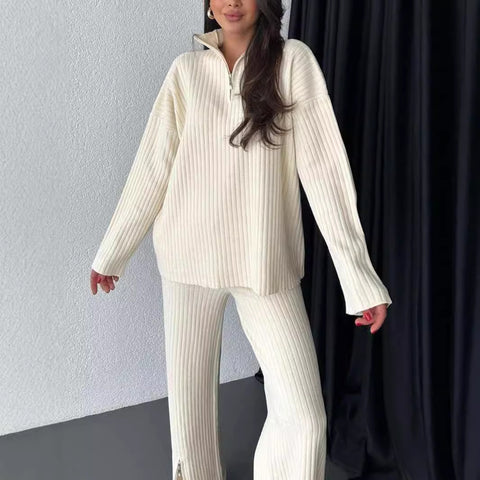 Women's solid color zipper knitted suit turtleneck pit strip loungewear two-piece set m301792
