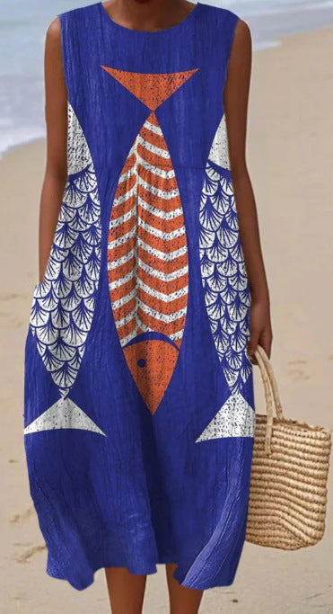 New sleeveless casual printing temperament long dress dress slim fit small fresh casual dress m301521