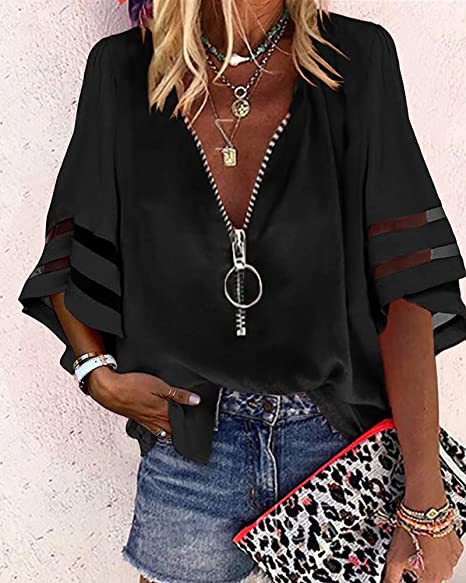 V-neck zipper shirt half-flared sleeve mesh splicing loose casual shirt women's m300887
