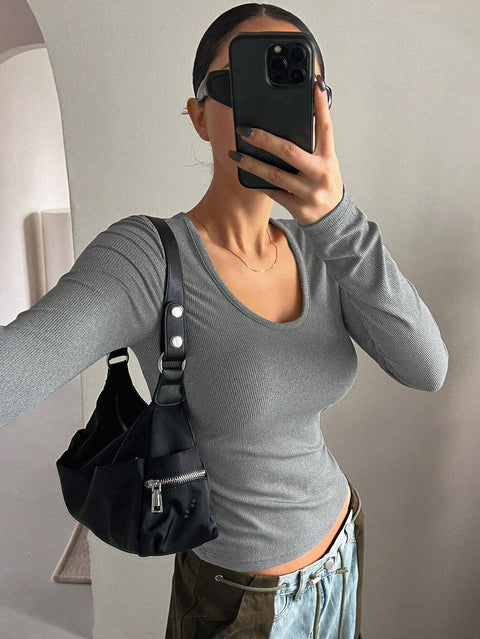 Hot-selling low-neck ribbed knitted women's 3D printing long-sleeved T-shirt m301564