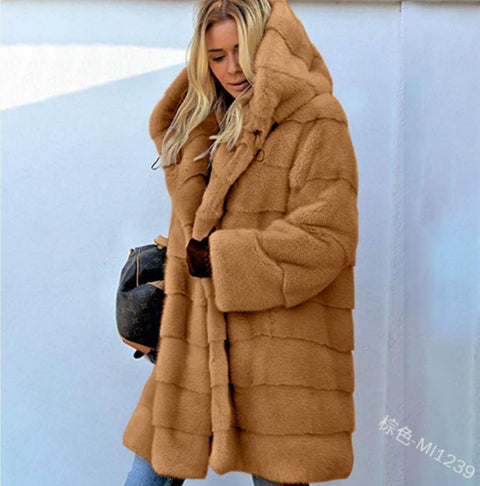 Street hipster no belt solid color long sleeve artificial fur hooded warm fur jacket autumn m302144