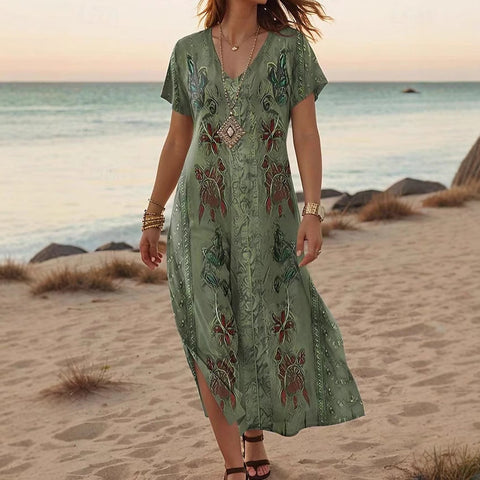 Creative floral women's summer new V-neck short-sleeved dress m301230