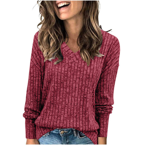 Women's long-sleeved V-neck pit strip polished knitted top T-shirt m302092