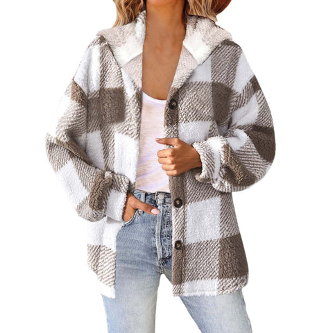 Printed plaid hooded button jacket plush thermal jacket women m300438