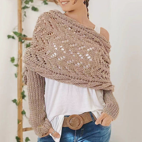 Double-sleeved extended hollow shawl multi-purpose knitted twist sweater with scarf outside autumn and winter women m302058