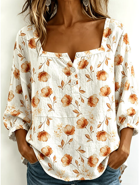 Women's square collar button-down shoulder seven-quarter sleeve medium sleeve T-shirt trend m302838