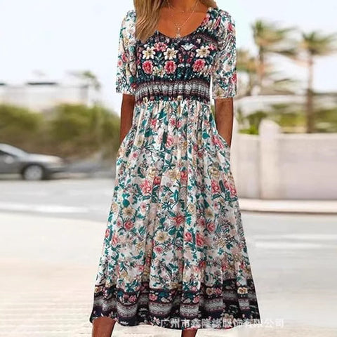 Ladies Casual Crew Neck Pullover Short Sleeve 3D Printing Pleated Waist Swing Long Dress Dress m301299