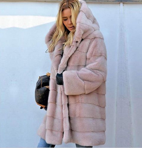 Street hipster no belt solid color long sleeve artificial fur hooded warm fur jacket autumn m302144