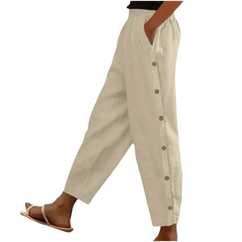 Side button pocket solid color mid-waist cotton and linen casual loose trousers m302831