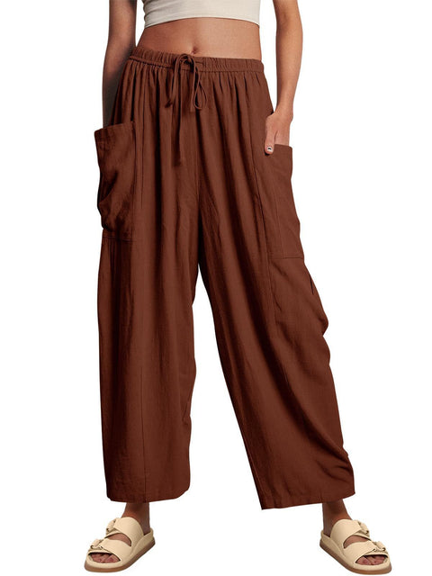 Elastic waist pleated middle waist straight pants loose casual cotton and linen nine-point pants m301883