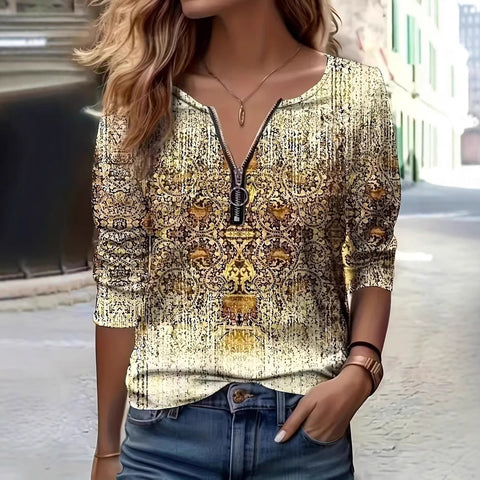 Women's Autumn Loose Design Ethnic Crew Neck Printed Zipper Long Sleeve POLO Shirt m301774