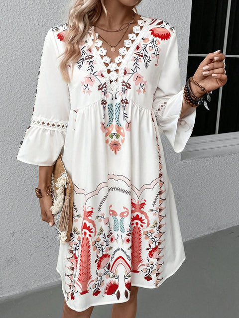 New V-neck lace splicing casual versatile print dress m300993