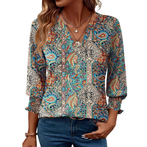 Fashion top seven-quarter sleeve flower print casual shirt summer T-shirt women's m301563