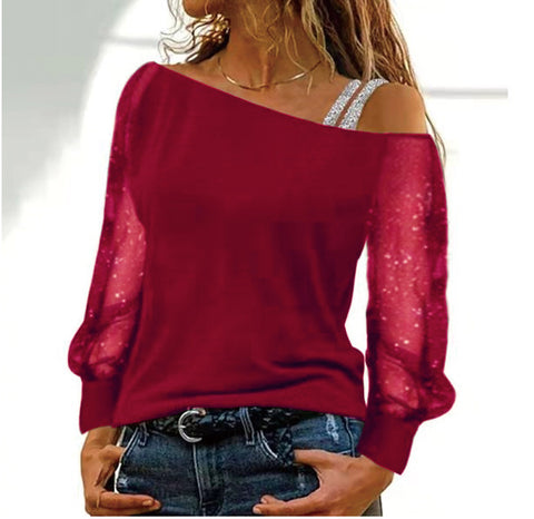 Diagonal Collar Gauzy off-the-Shoulder Long Sleeve T-shirt Fashion off-Shoulder Base Shirt M300176