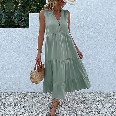 Summer popular sleeveless pleated skirt loose V-neck medium and long dress m300851