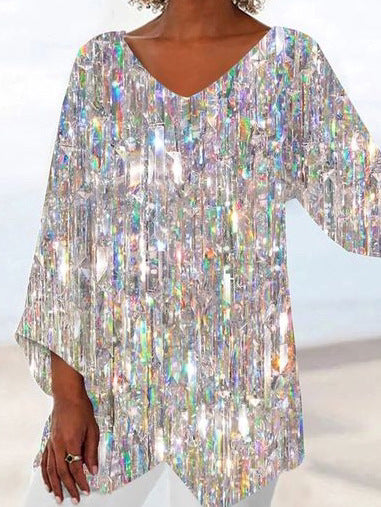 Women's printed animal natural scenery V-neck nine-quarter sleeve loose T-shirt m301289