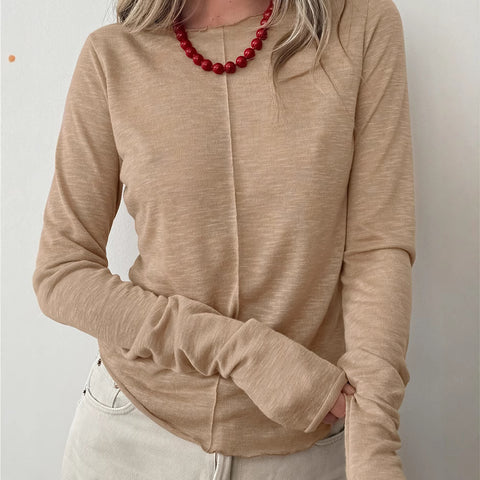 crew neck knitted bottoming shirt women's simple fashion splicing inside with white long-sleeved top women's clothing m301821