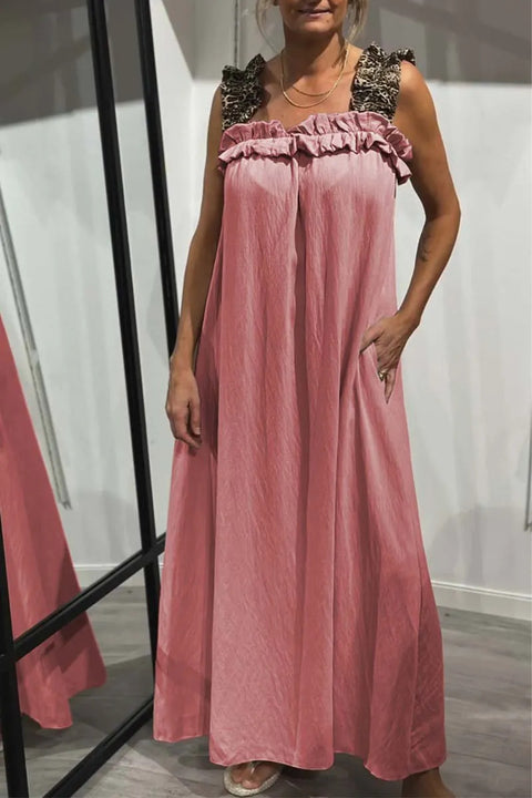 Popular vacation women's casual suspender splicing leopard print pocket cotton and linen dress m302050