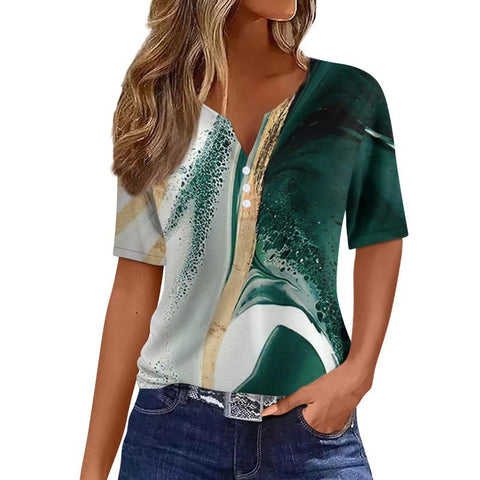 V-neck three-button 3D printed short-sleeved women's top m300617