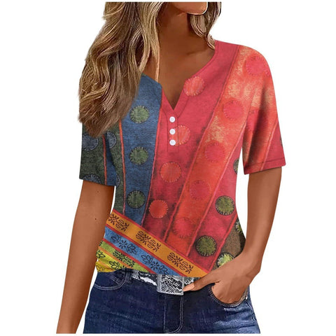 Women's T-shirt V-neck three-button 3D printing short sleeve m300477
