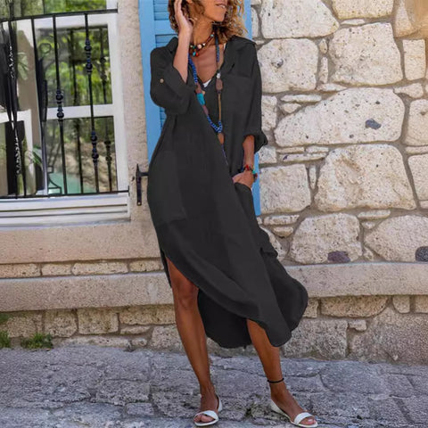Solid Color Buttons Slit Loose Breathable Casual Shirt Cotton Linen Long Shirt Dress Female M300171