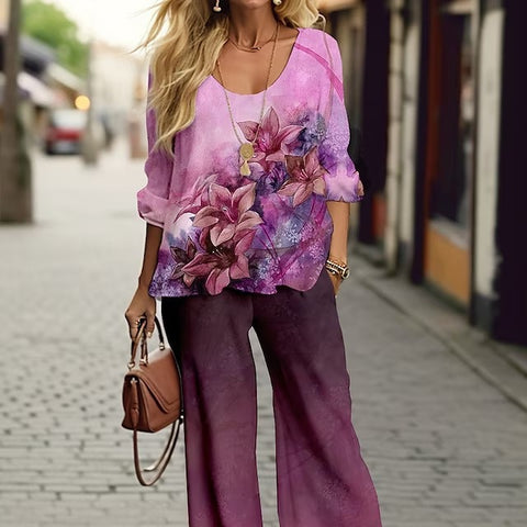 Long Sleeve Set Crew Neck Linen Printed Shirt Set m301254