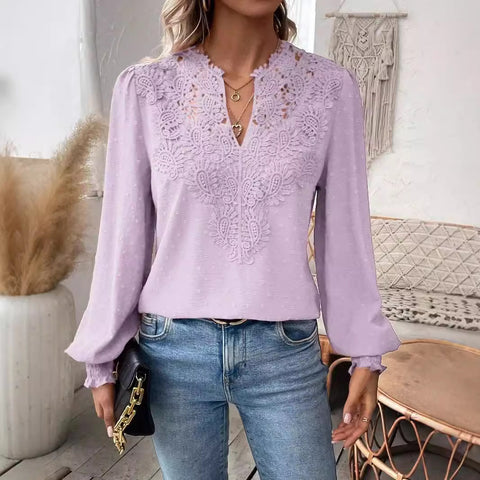 V-neck lace stitching long-sleeved casual shirt blouse m301373