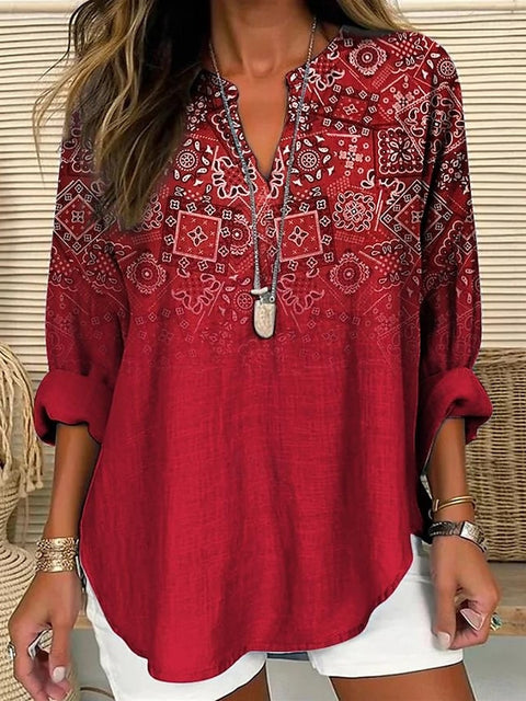 Small V-neck long-sleeved floral simple casual temperament T-shirt m302763