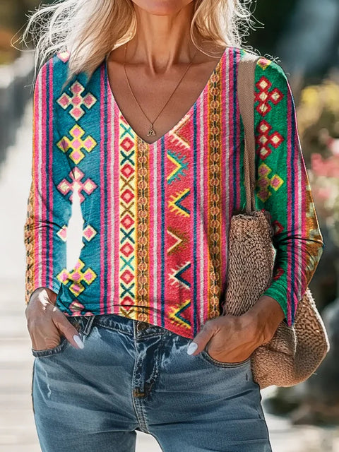 Casual V-neck long-sleeved regular pullover digital printing women's top T-shirt m301721