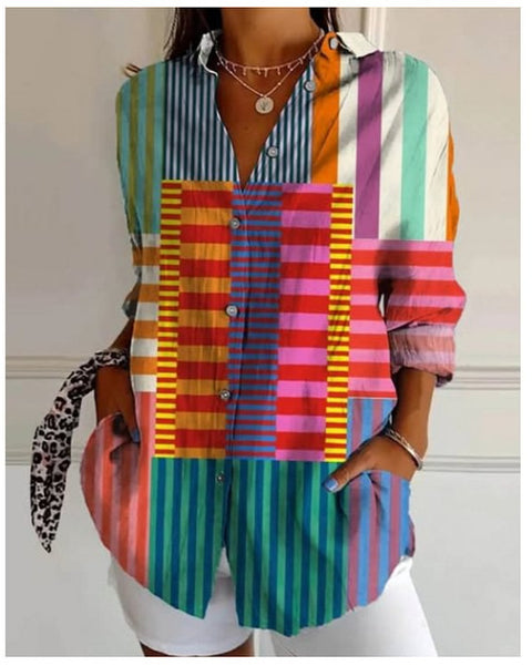 3D digital printing abstract pattern women's long-sleeved buckle linen shirt m302749-01