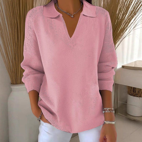 Digital printing women's lapel neck long-sleeved solid color knitted fleece sweater m302076