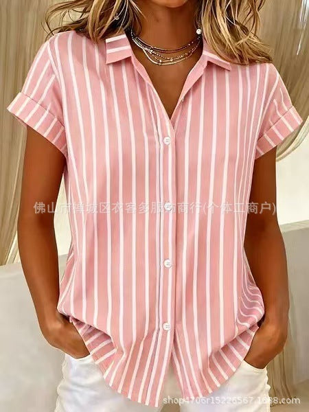 Women's Printed Striped Shirt Collar Short Sleeve Shirt m302756