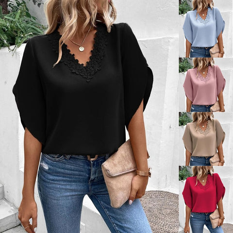 Solid color lace V-neck flared sleeve loose shirt blouse m300886