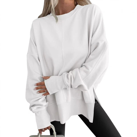 Loose sweater side split splicing round neck bat sleeve fleece top m302100