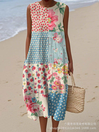 New sleeveless casual printing temperament long dress dress slim fit small fresh casual dress m301521