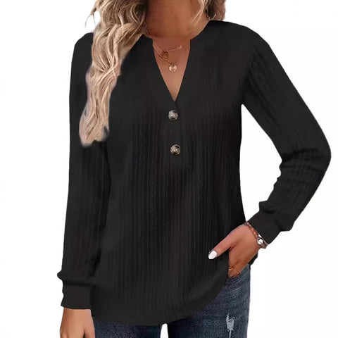 New long-sleeved solid color V-neck button-down T-shirt top m302223