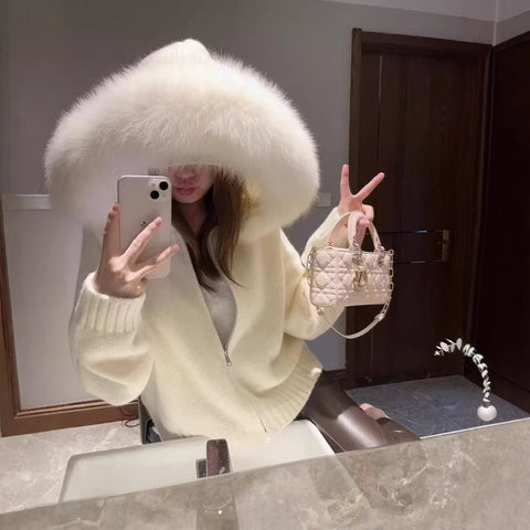 Hooded fur collar splicing knitted sweater jacket women's autumn and winter simple cardigan m302131