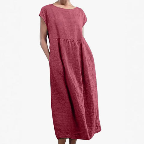 Solid color sleeveless loose cotton and linen pocket dress m301608