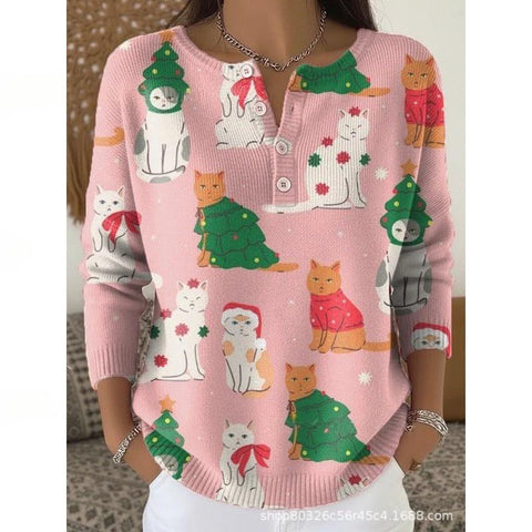 Vintage 3D digital printing four-button stand-up collar Polo sweater women m302158