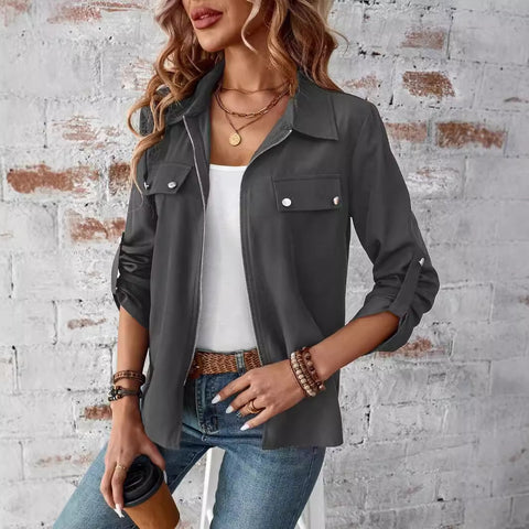 lapel zipper cardigan purse hat solid color long sleeve jacket m300675