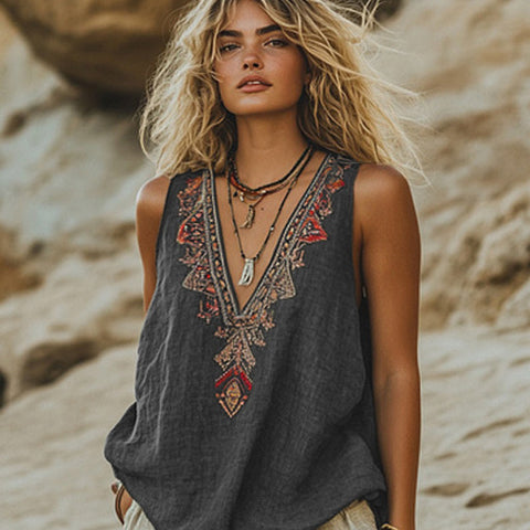 Plant flower print V-neck ethnic tribal vest top m301533