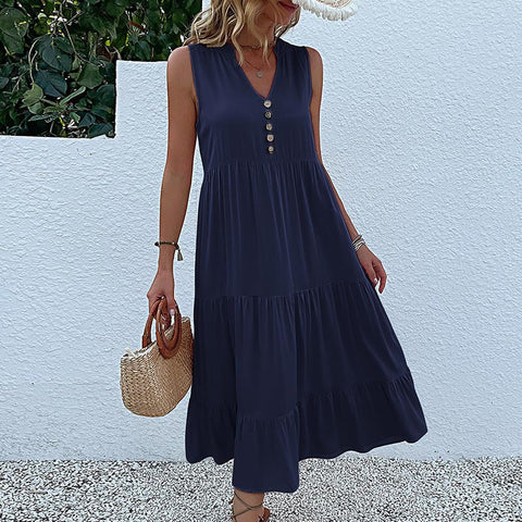Summer popular sleeveless pleated skirt loose V-neck medium and long dress m300851
