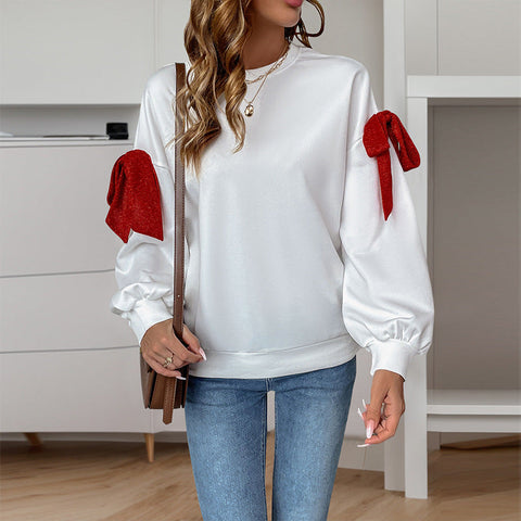 Crew neck long cuff bow sweater women m300822