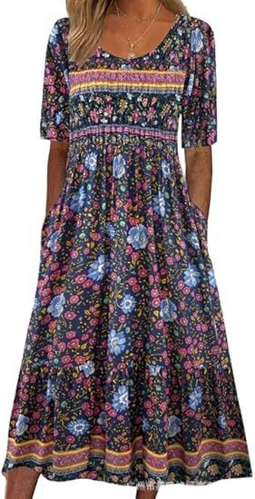 Ladies Casual Crew Neck Pullover Short Sleeve 3D Printing Pleated Waist Swing Long Dress Dress m301299