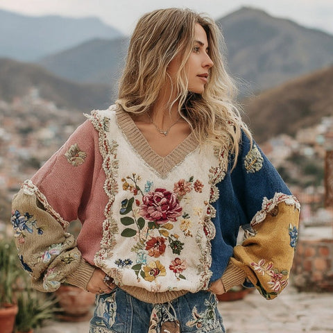 Autumn and winter loose V-neck top casual shoulder women's clothing thick needle sweater imitation wool m302039