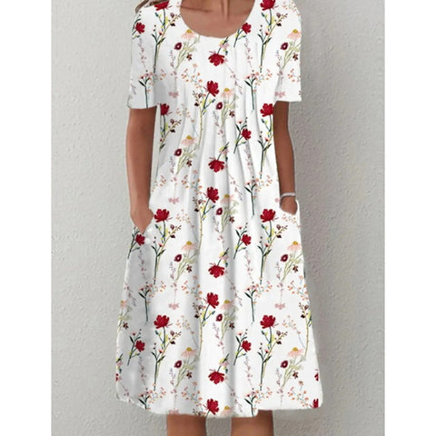 Spring/Summer Flower Printed Round Neck Pocket Mid length Dress for Women's Clothing m300037