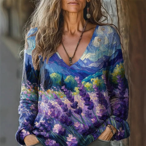 Casual V-neck long-sleeved pullover loose digital printing women's top T-shirt m301741