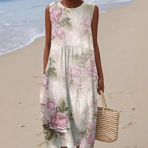 New sleeveless casual printing temperament long dress dress slim fit small fresh casual dress m301521